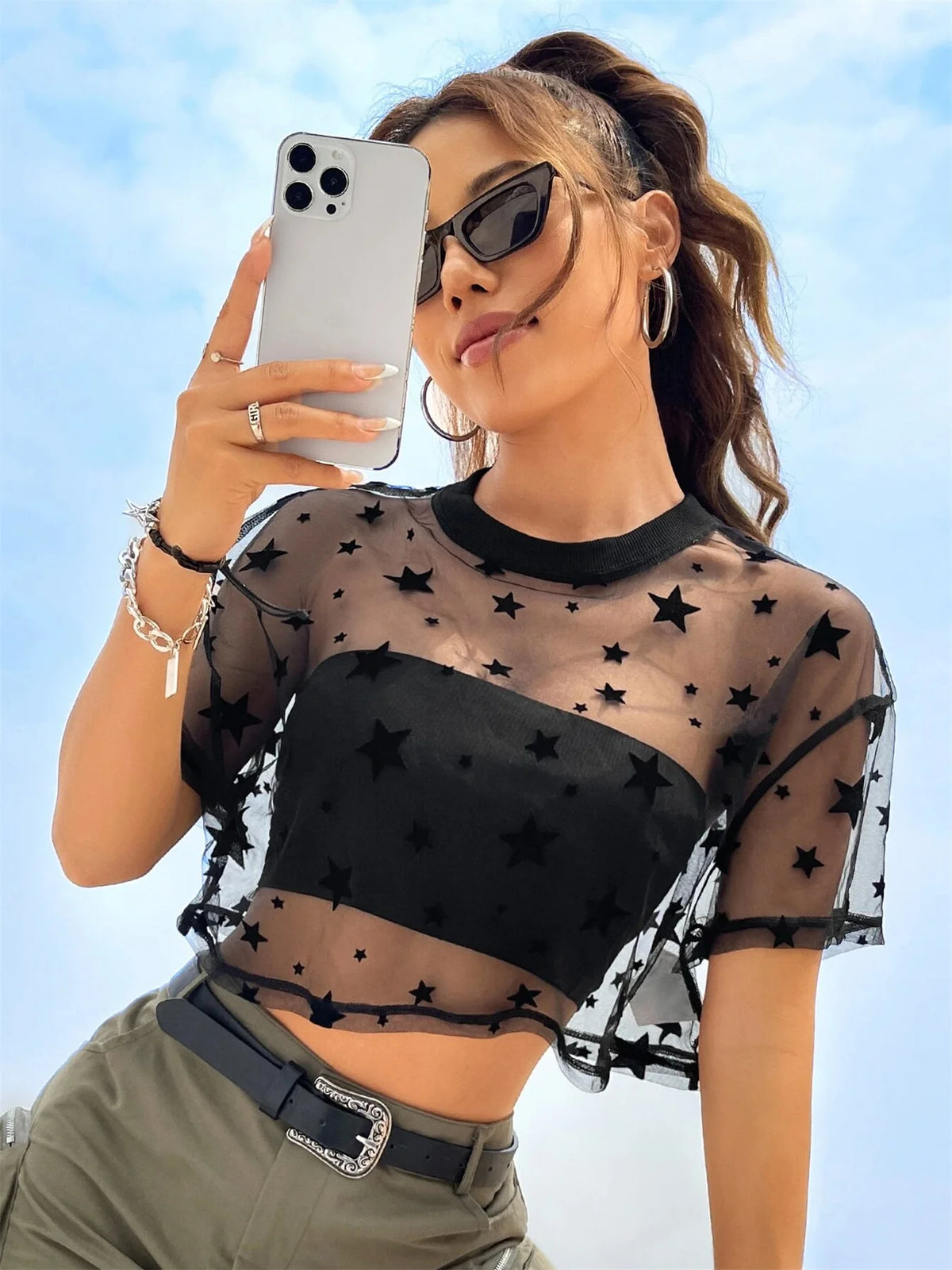 Heart Print Sheer Mesh Crop Top