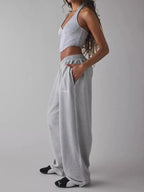 Mid Waist Wide Leg Casual Pants