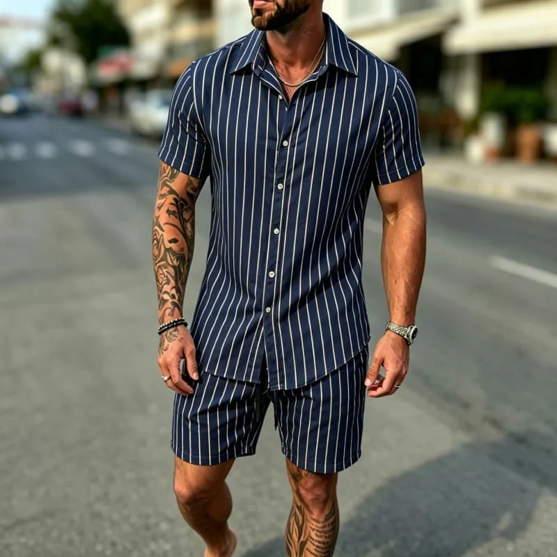 Striped Printed Shirt Shorts Set