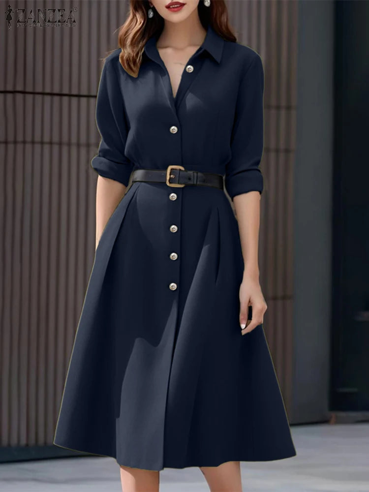 Elegant Long Sleeve Midi Shirt Dress