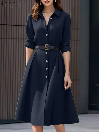 Elegant Long Sleeve Midi Shirt Dress