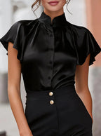 Satin Solid Button Front Regular Fit Blouse