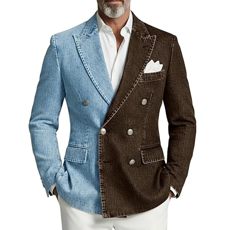 Denim Double-Breasted Peak-Lapel Blazer