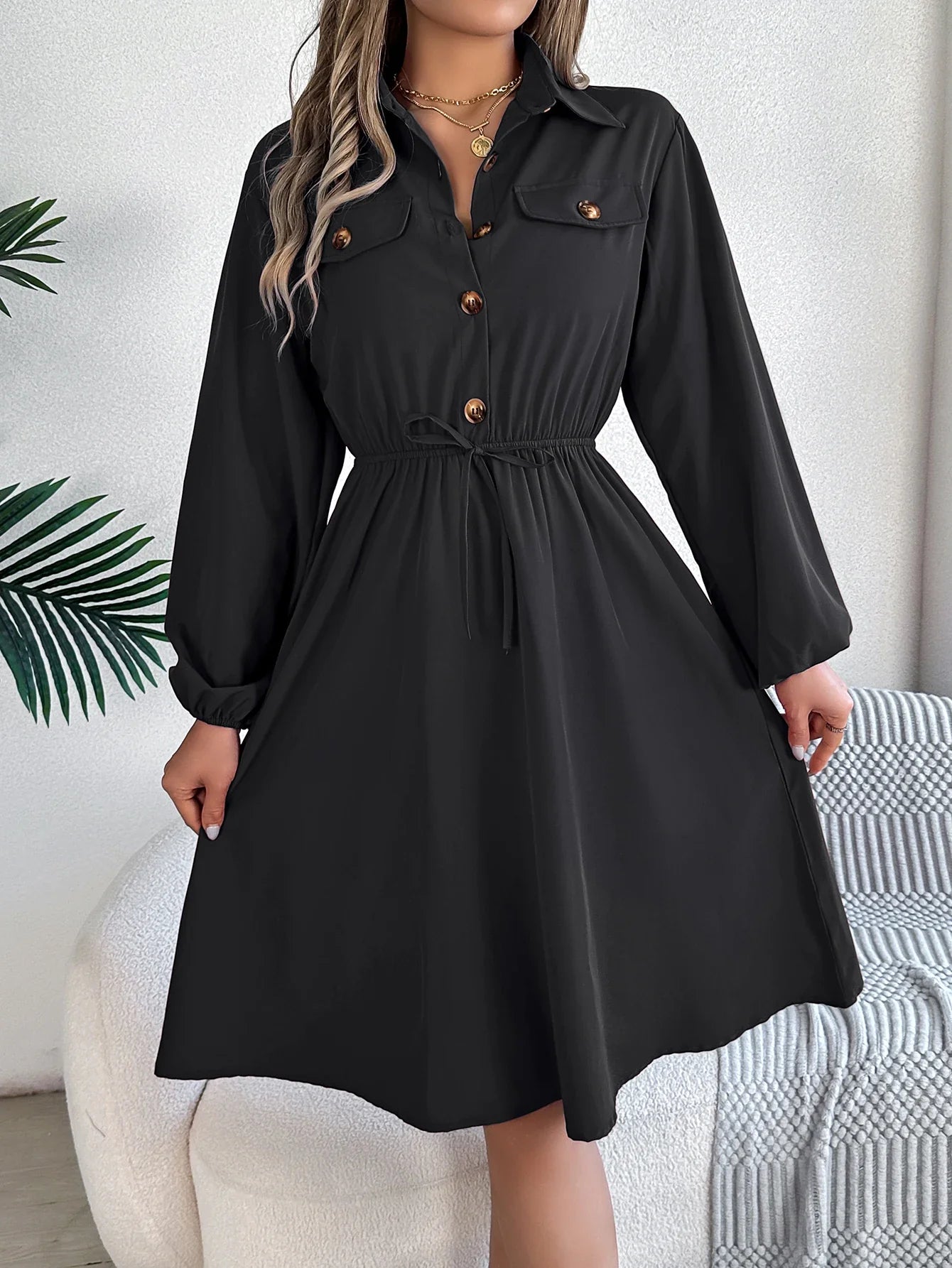 Autumn Winter Button-Up Tie Waist Shirt Dress