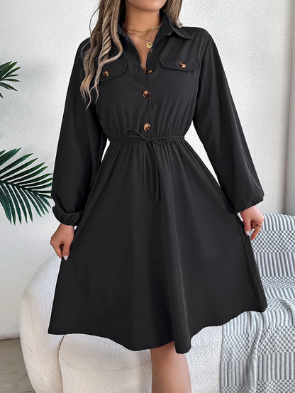 Autumn Winter Button-Up Tie Waist Shirt Dress