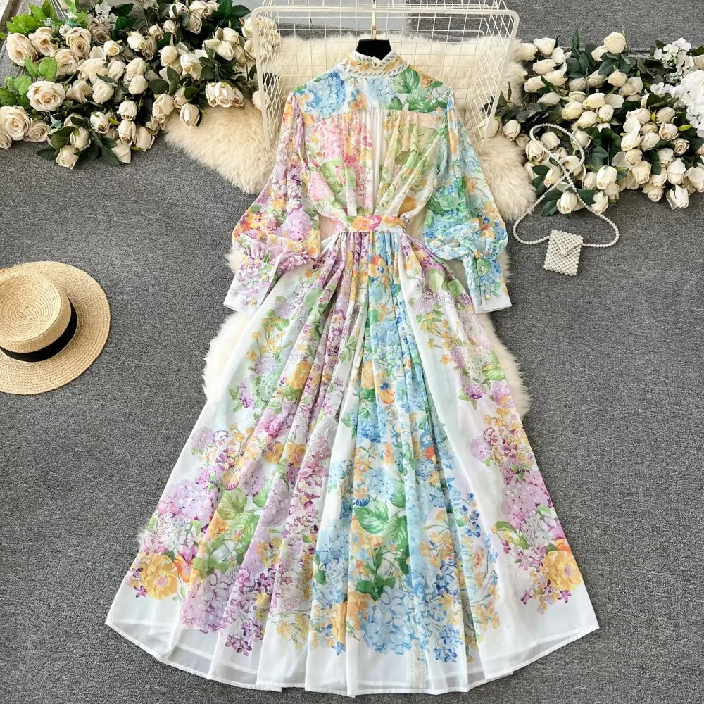Vintage Print High Collar Maxi Dress