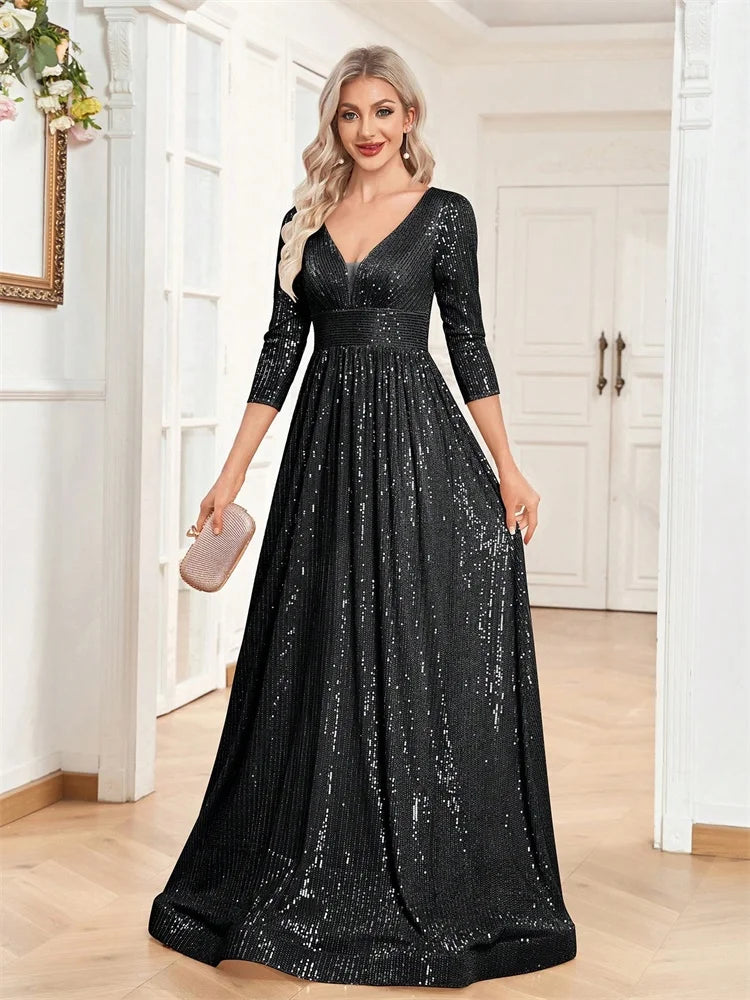 Long Sleeves Blue Sequins Formal Evening Dress