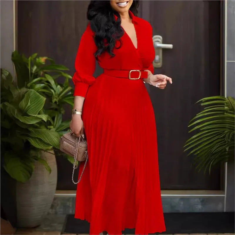 Pleated V-Neck Belted Midi Dress
