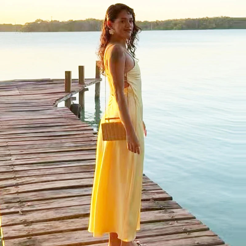 Yellow Satin V-Neck Slip Dress
