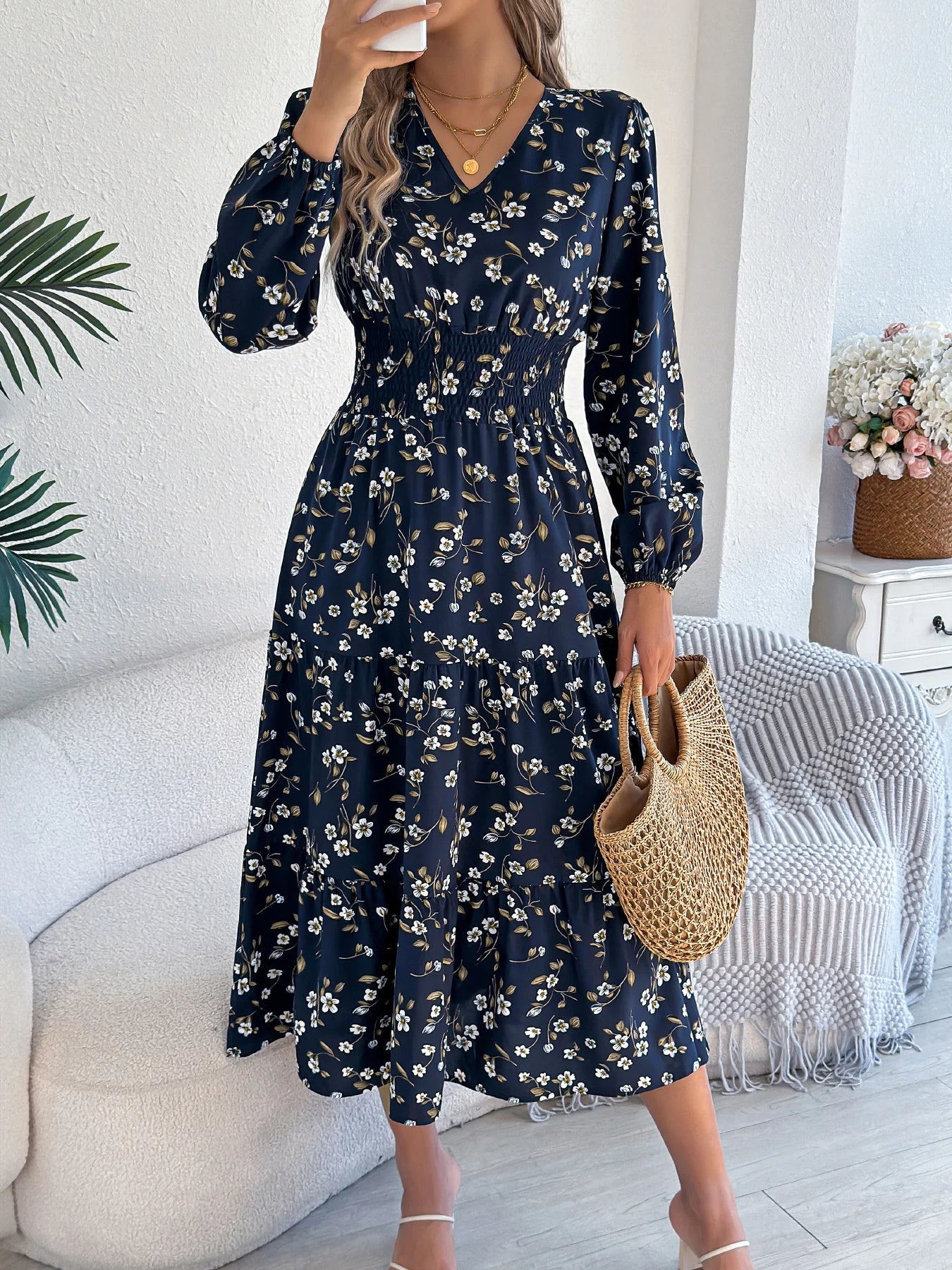Floral V-Neck A-Line Dress