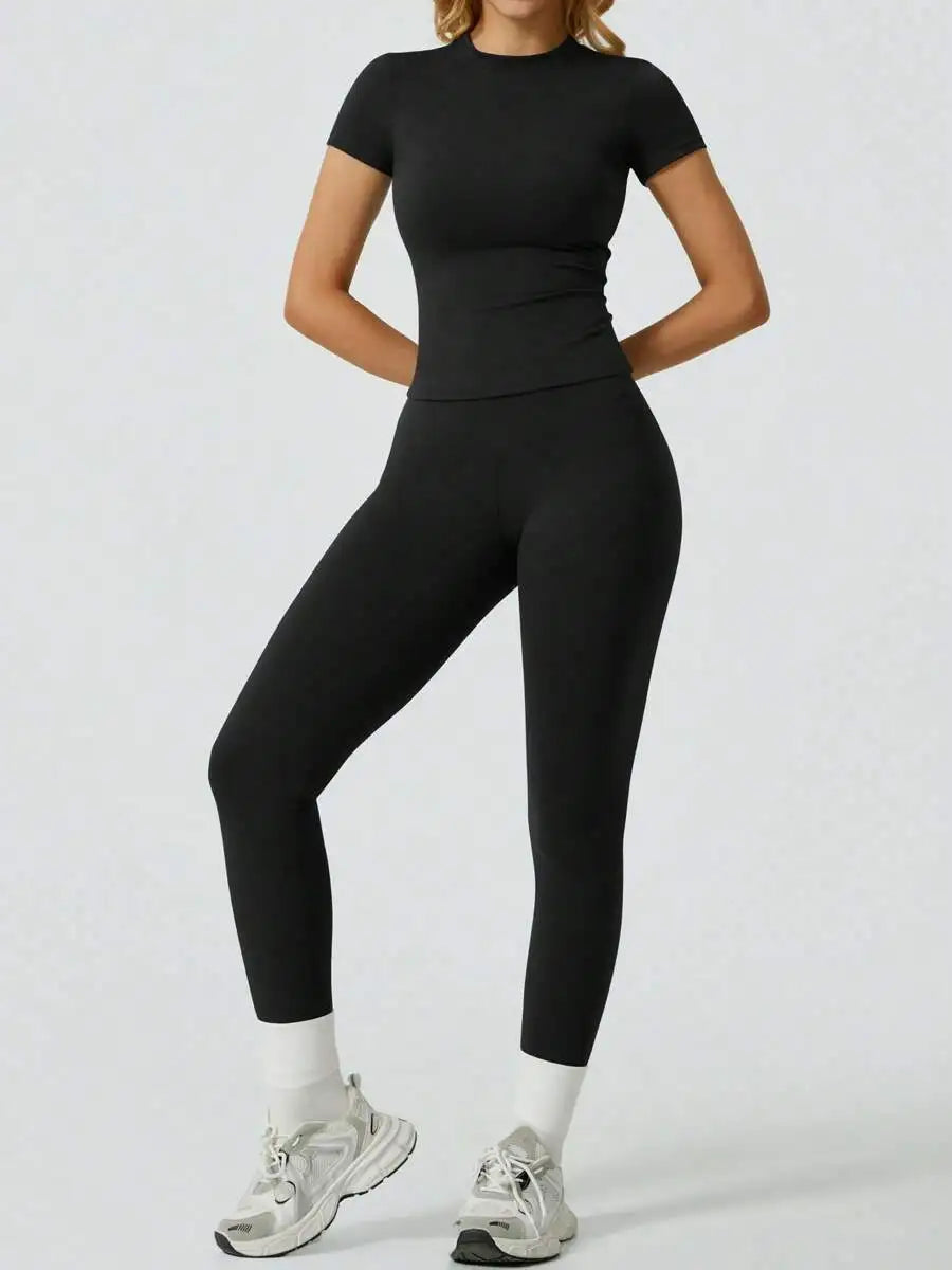 Everyday Nylon Solid Elastic Waist Two-Piece Yoga Set