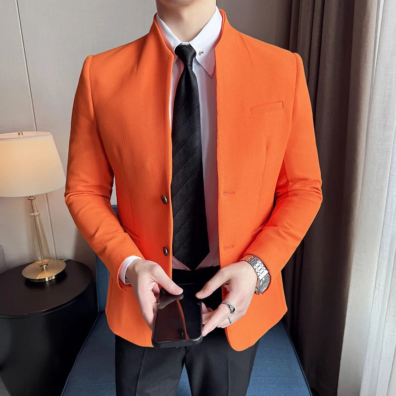Waffle Stand-Collar Slim Suit Jacket