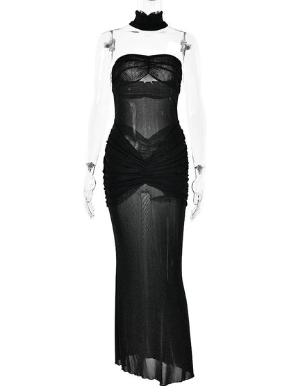 Strapless Mesh Backless Maxi Dress