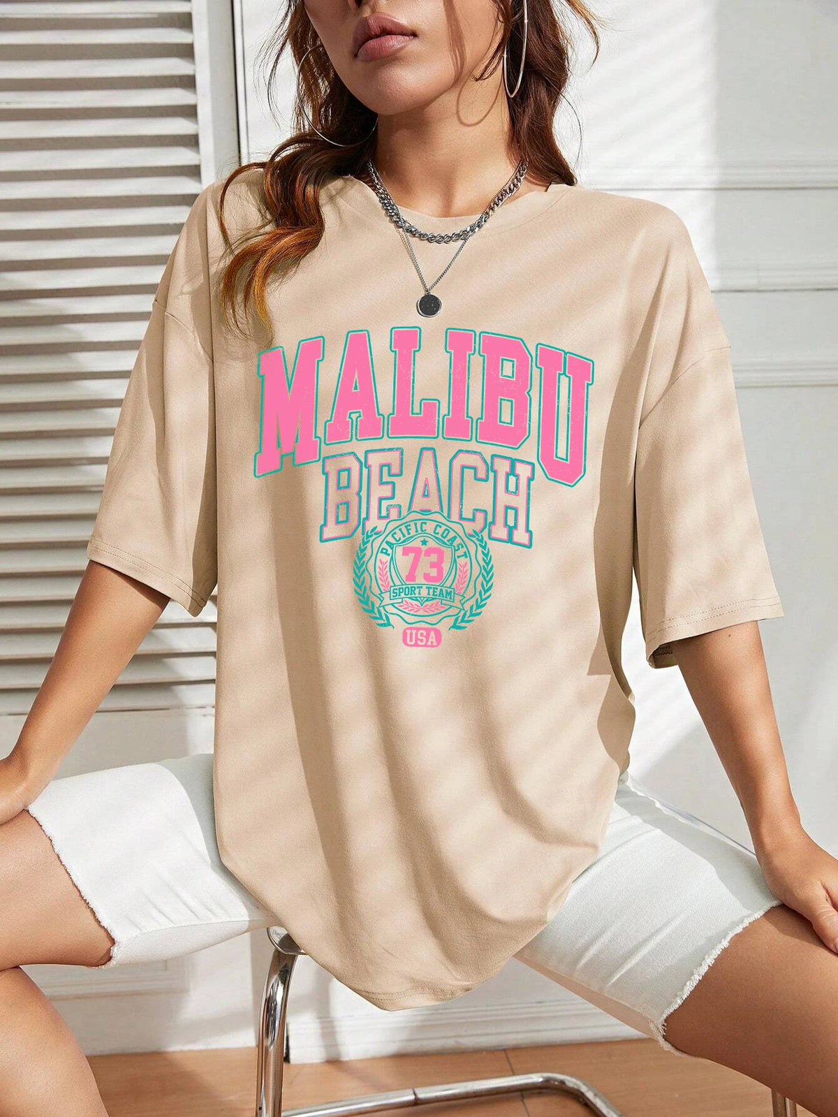 Malibu Beach Letter Print T-Shirt