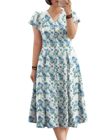 Floral V-Neck Bohemian Midi Dress