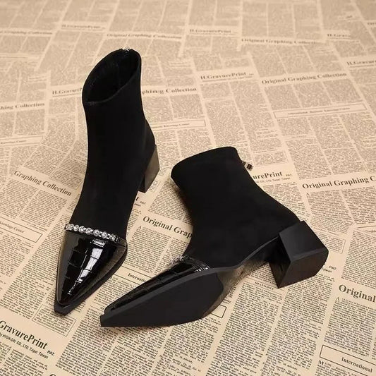 Rhinestone Pointed Toe Ankle Boots