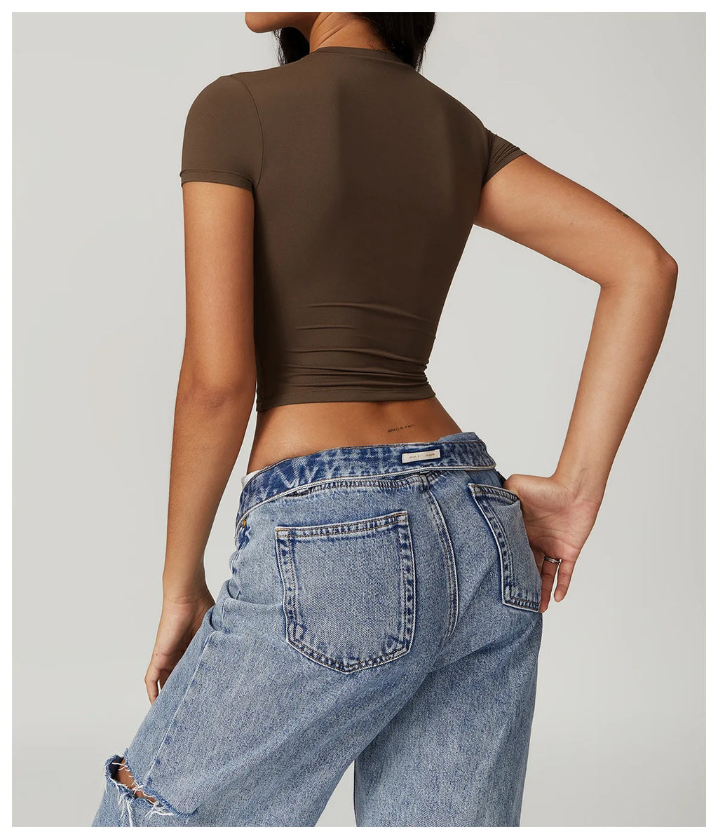 Nylon Short Sleeve True-To-Size Fit Crop Top