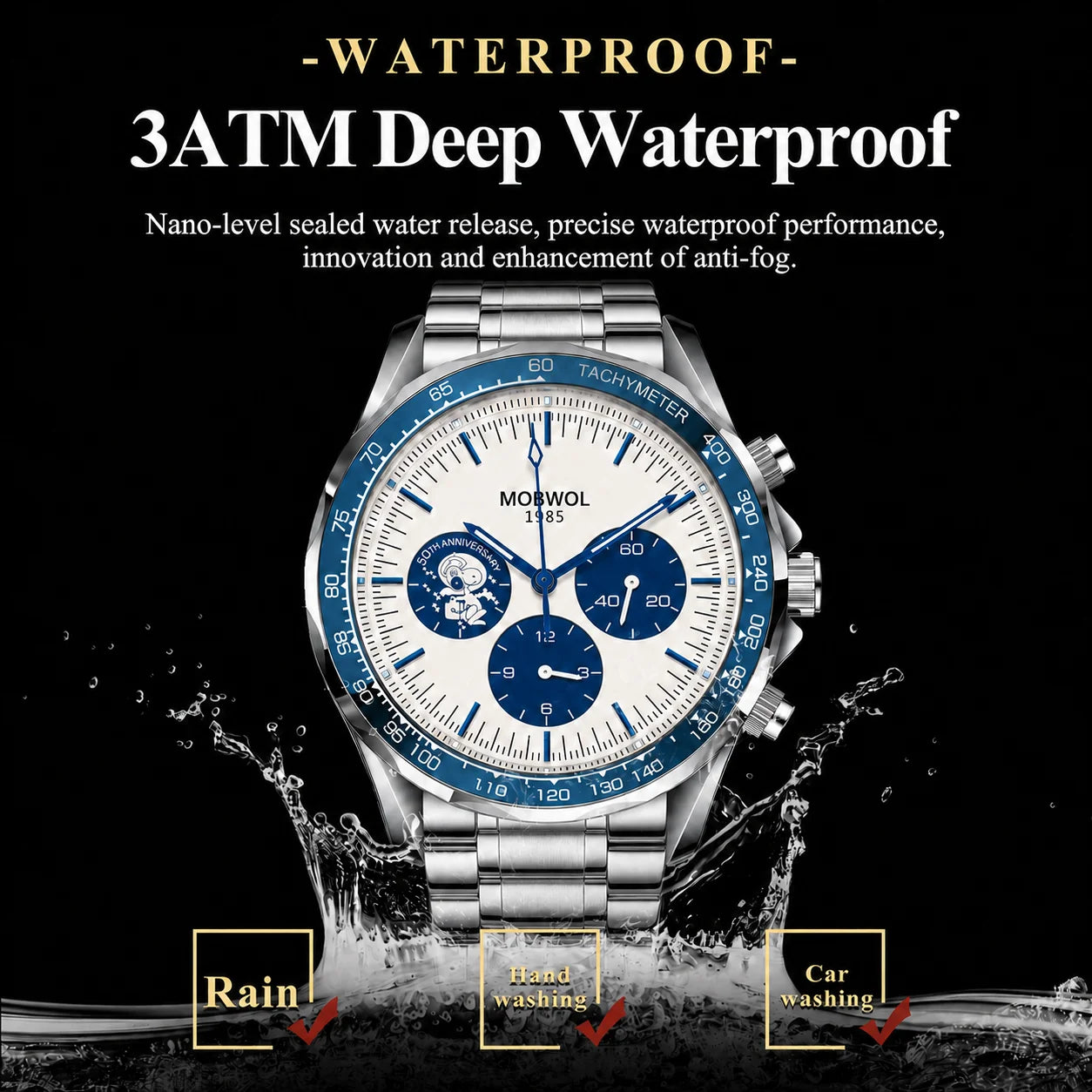 MOBWOL Blue Bezel Steel Watch