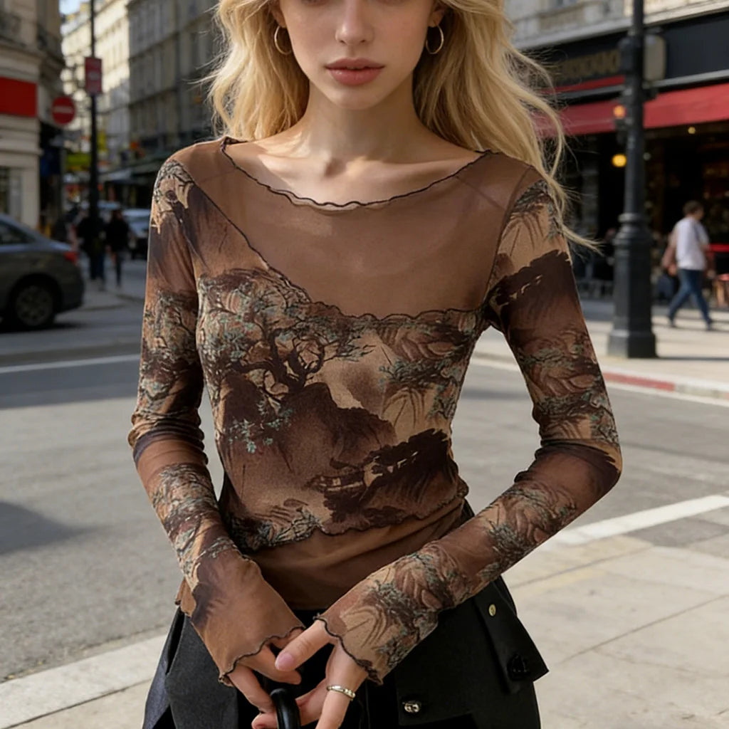 Landscape Print Long Sleeve Mesh Top