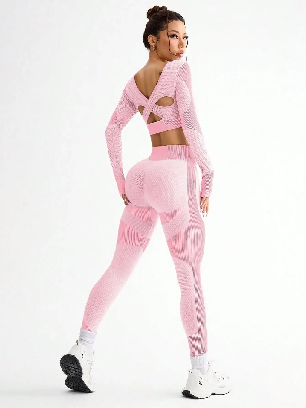 Polyester Striped Three-Quarter Sleeve Two-Piece Yoga Set