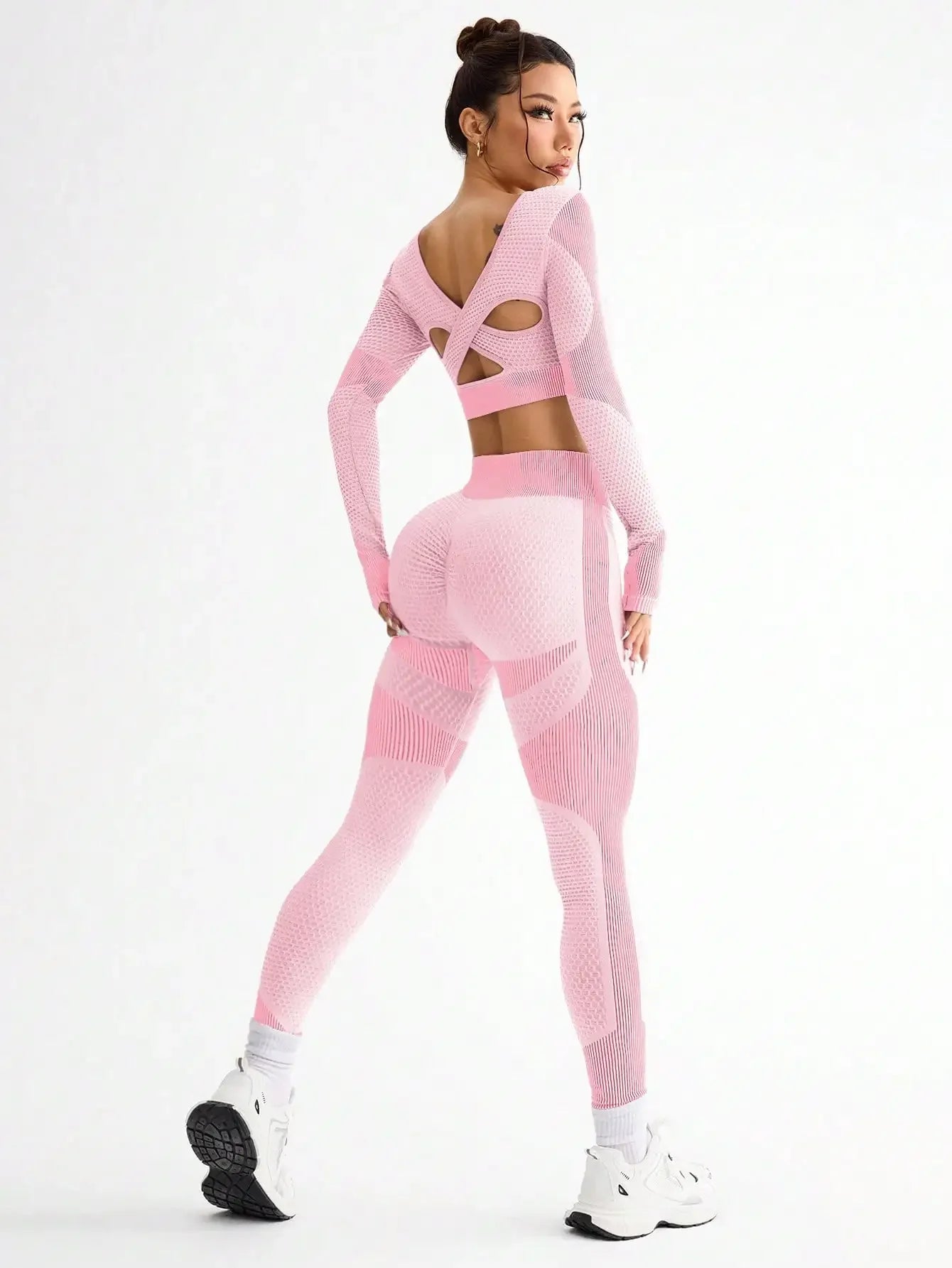 Polyester Striped Three-Quarter Sleeve Two-Piece Yoga Set