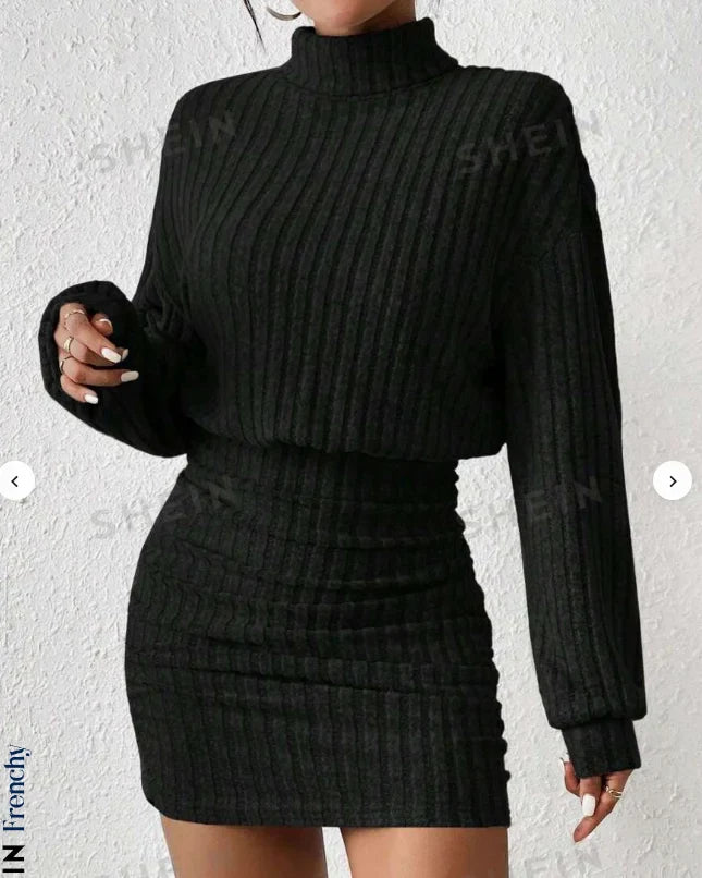 High Neck Knit Sweater Dress