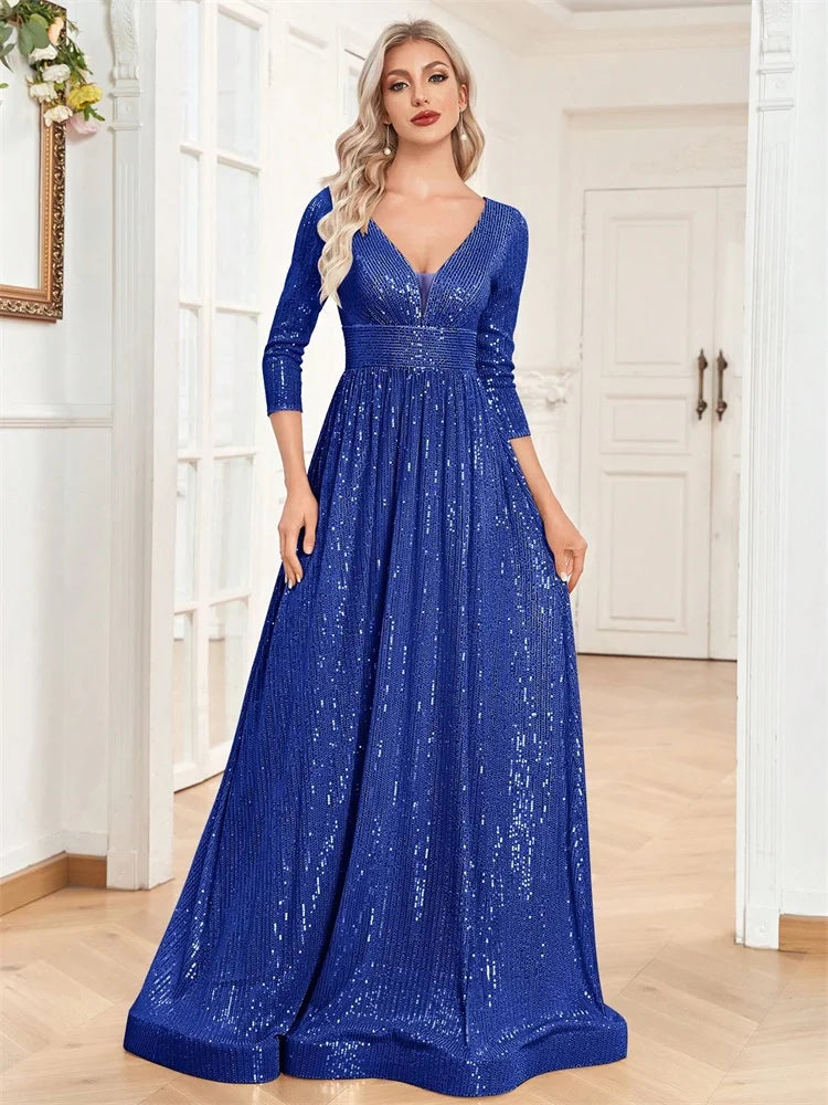 Long Sleeves Blue Sequins Formal Evening Dress