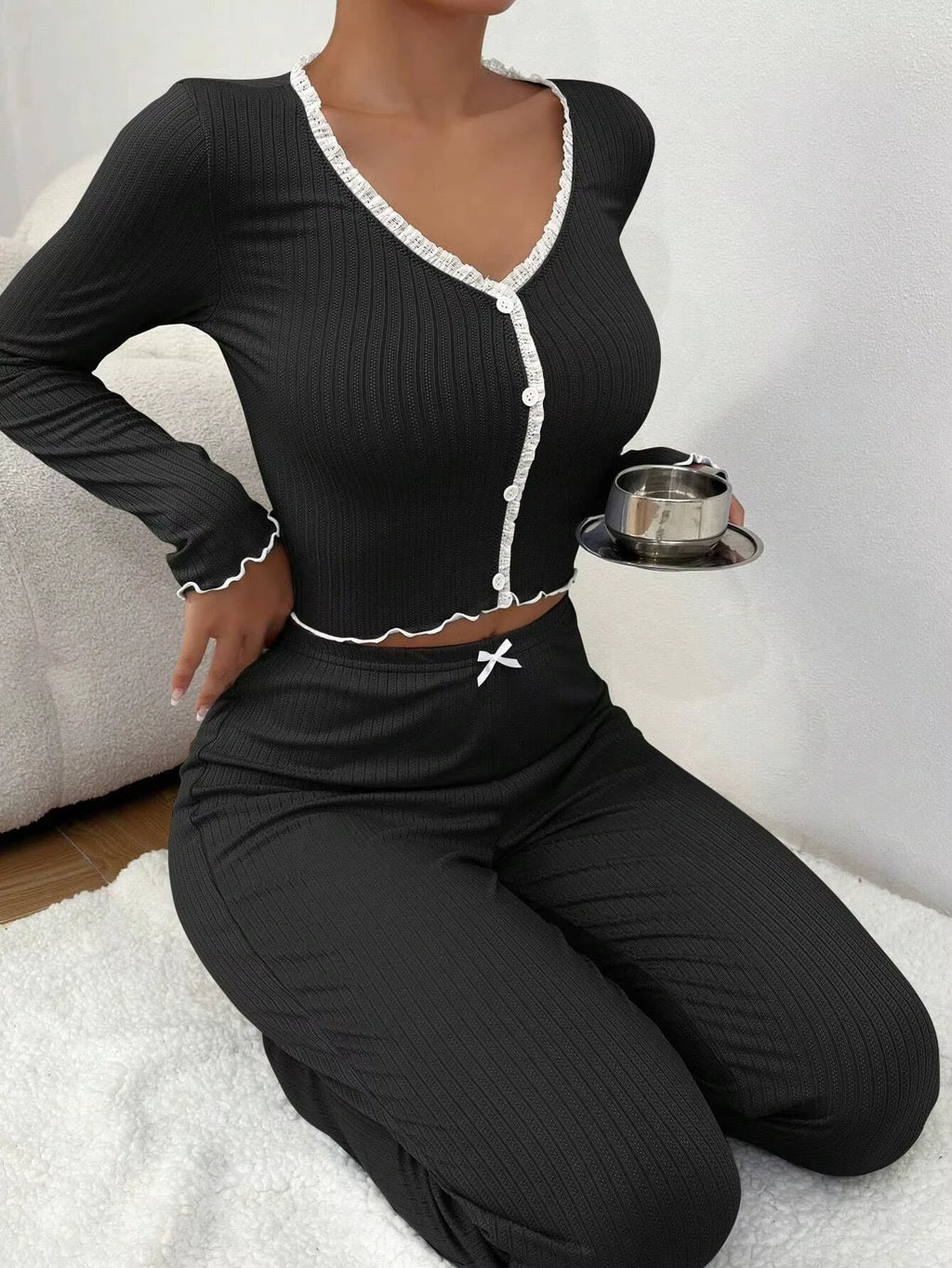 Elegant Solid V-Neck Knit Pajama Set