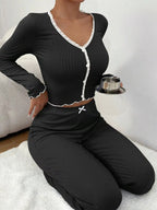 Elegant Solid V-Neck Knit Pajama Set