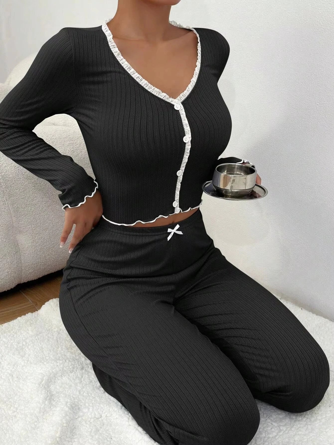 Elegant Solid V-Neck Knit Pajama Set