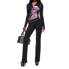 Blended Graphic Print Zip Front Two-Piece Yoga Set