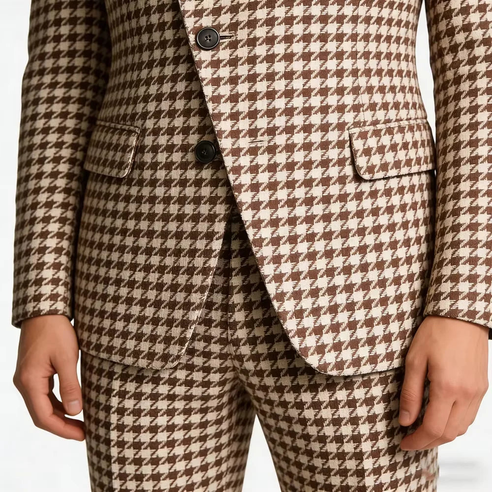Houndstooth Mandarin-Collar Slim Suit