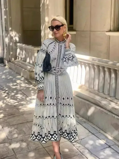 Retro Belted Long Sleeve A-Line Dress