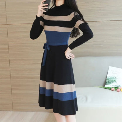 Autumn Winter Elegant Striped Sweater Dress