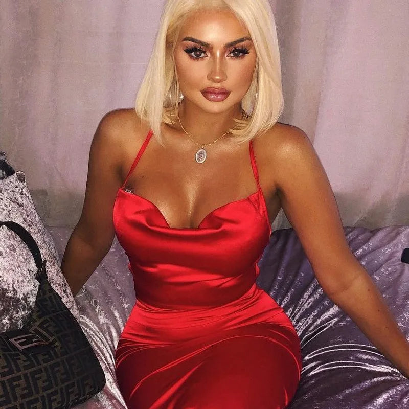 Satin Lace-Up Bodycon Midi Dress