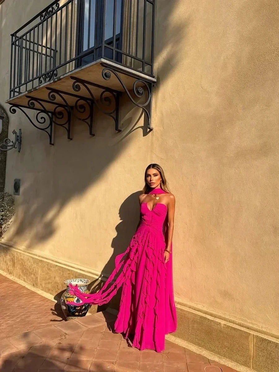 Halter Ruffle Chiffon Gown