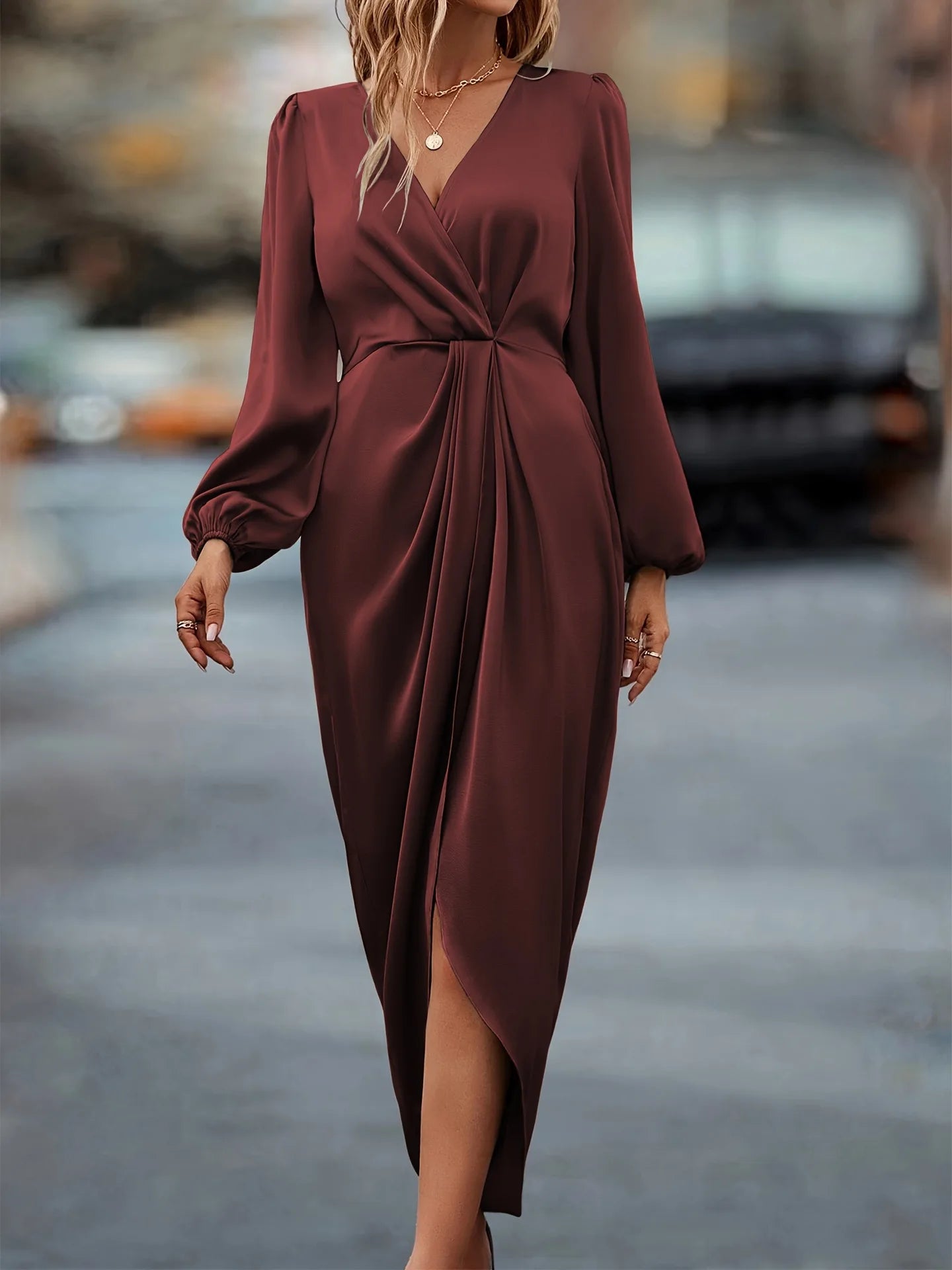 Solid Color Autumn Midi Dress