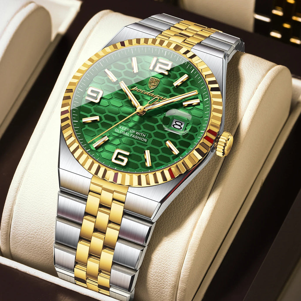 POEDAGAR Gold Green Quartz Watch