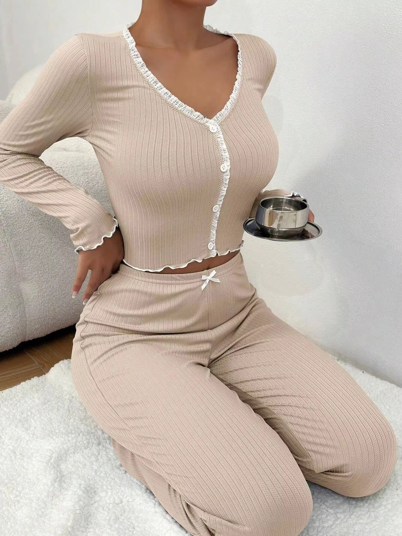 Elegant Solid V-Neck Knit Pajama Set