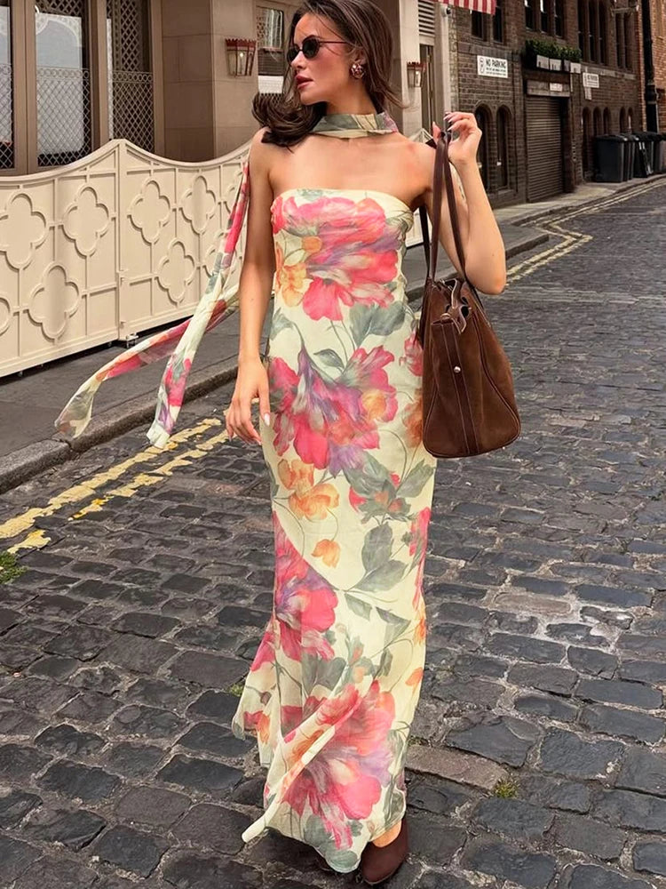 Blossom Print Strapless Maxi Dress