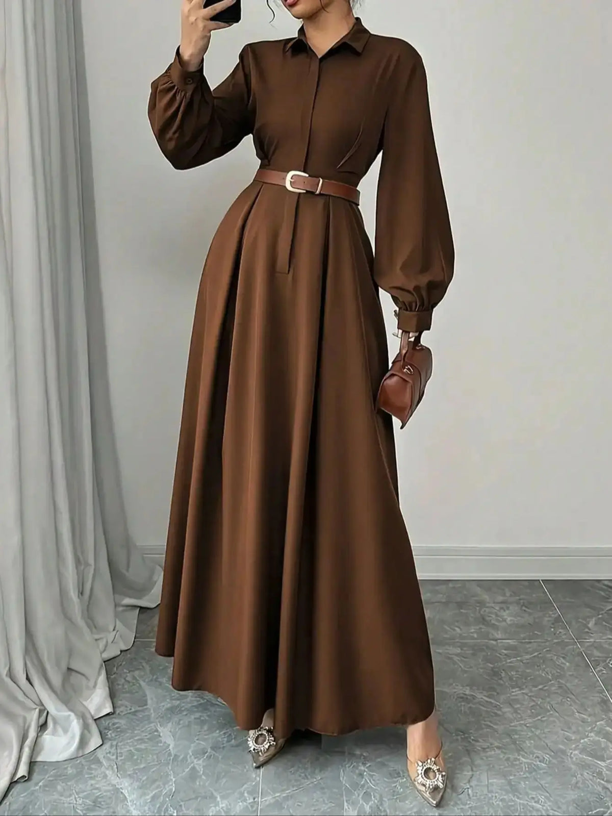 Lantern Sleeve Pleated Maxi Dress