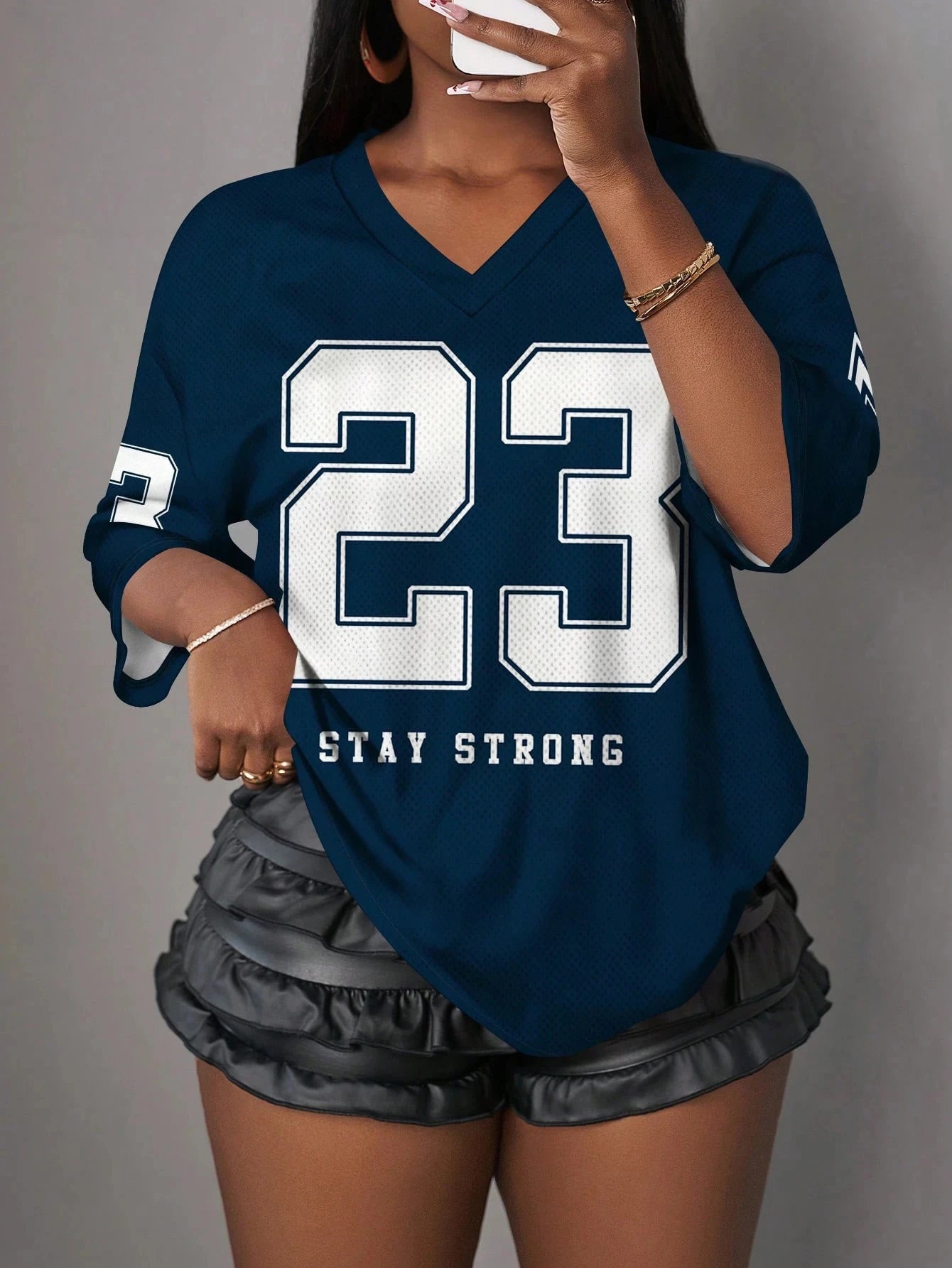 Blended Letter Print V-Neck True-To-Size Fit T-Shirt