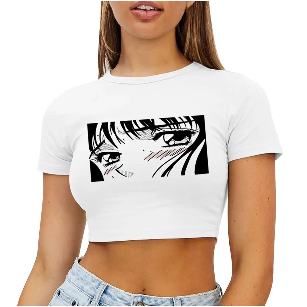 Broadcloth Graphic Print Crew Neck Crop Top