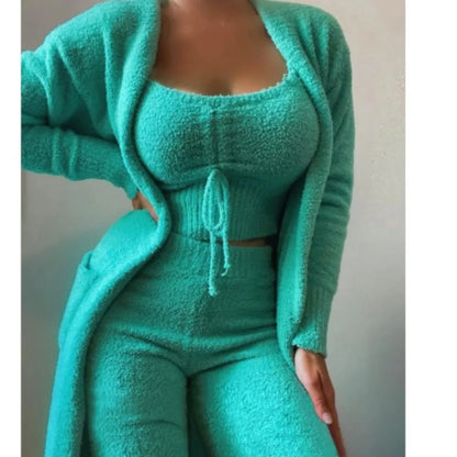 Women’s Plush Lace-Up Cardigan 3-Piece Trouser Set
