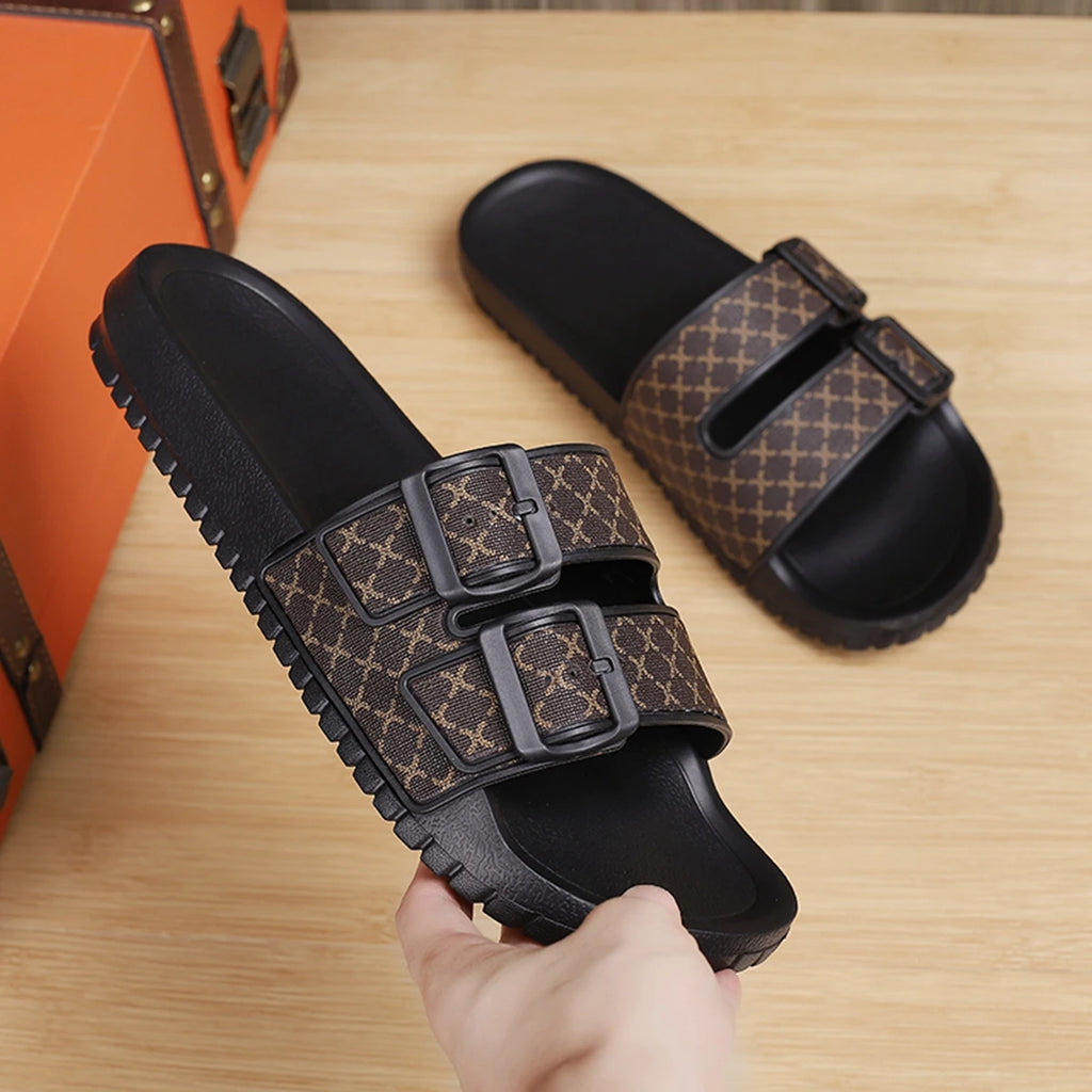 Double-Button Geometric Print Slippers