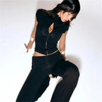 Synthetic Solid Zip Front Two-Piece Yoga Set