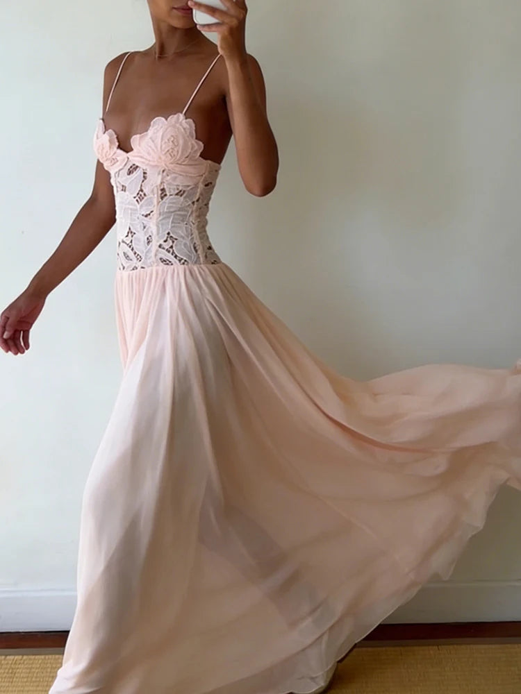 Hollow-Out Lace Patchwork Maxi Dress