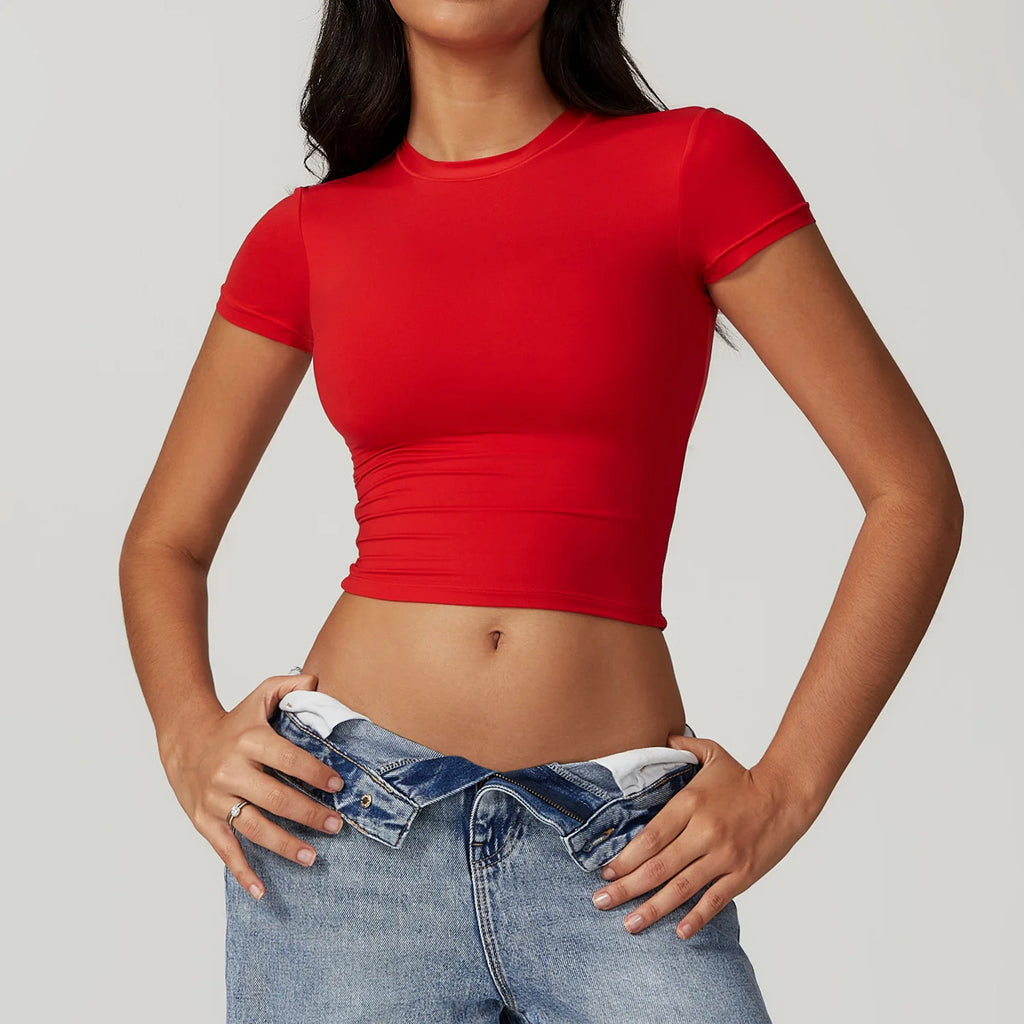 Nylon Short Sleeve True-To-Size Fit Crop Top