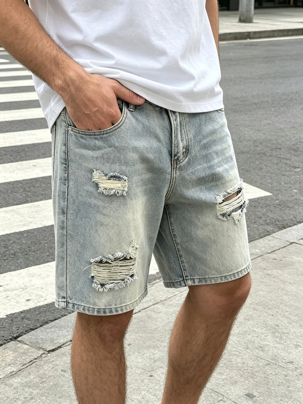 Light Wash Ripped Denim Shorts