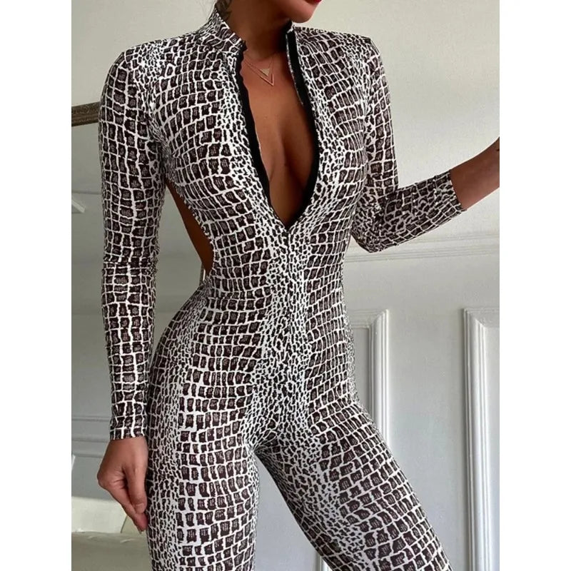Silver Snakeskin Backless Sporty Jumpsuit